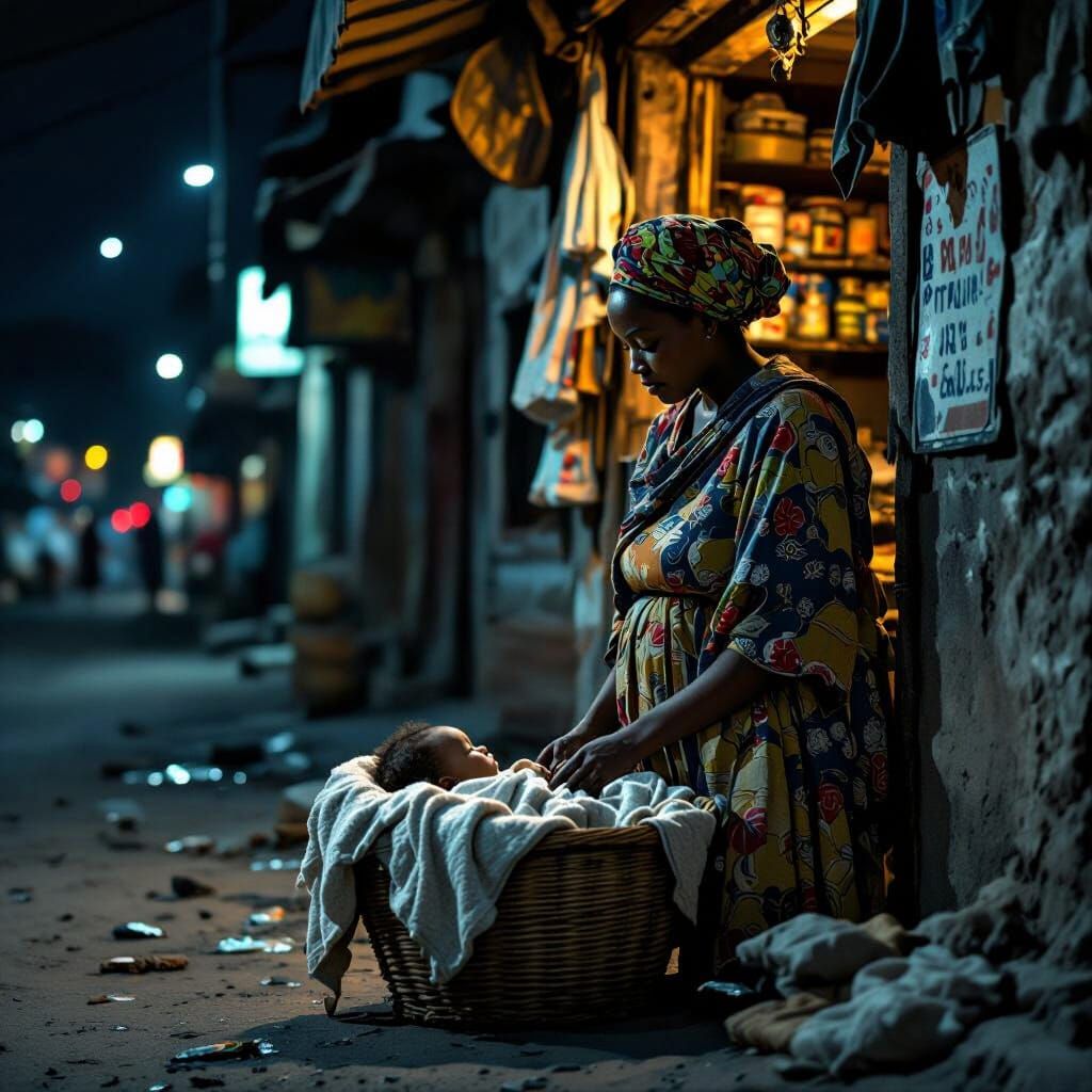 Emotional Scene of Woman With Baby Outside Shop at Night