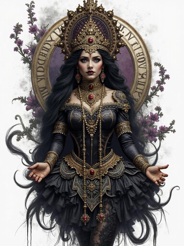 Mahakali in Realistic Gothic Style with Skulls