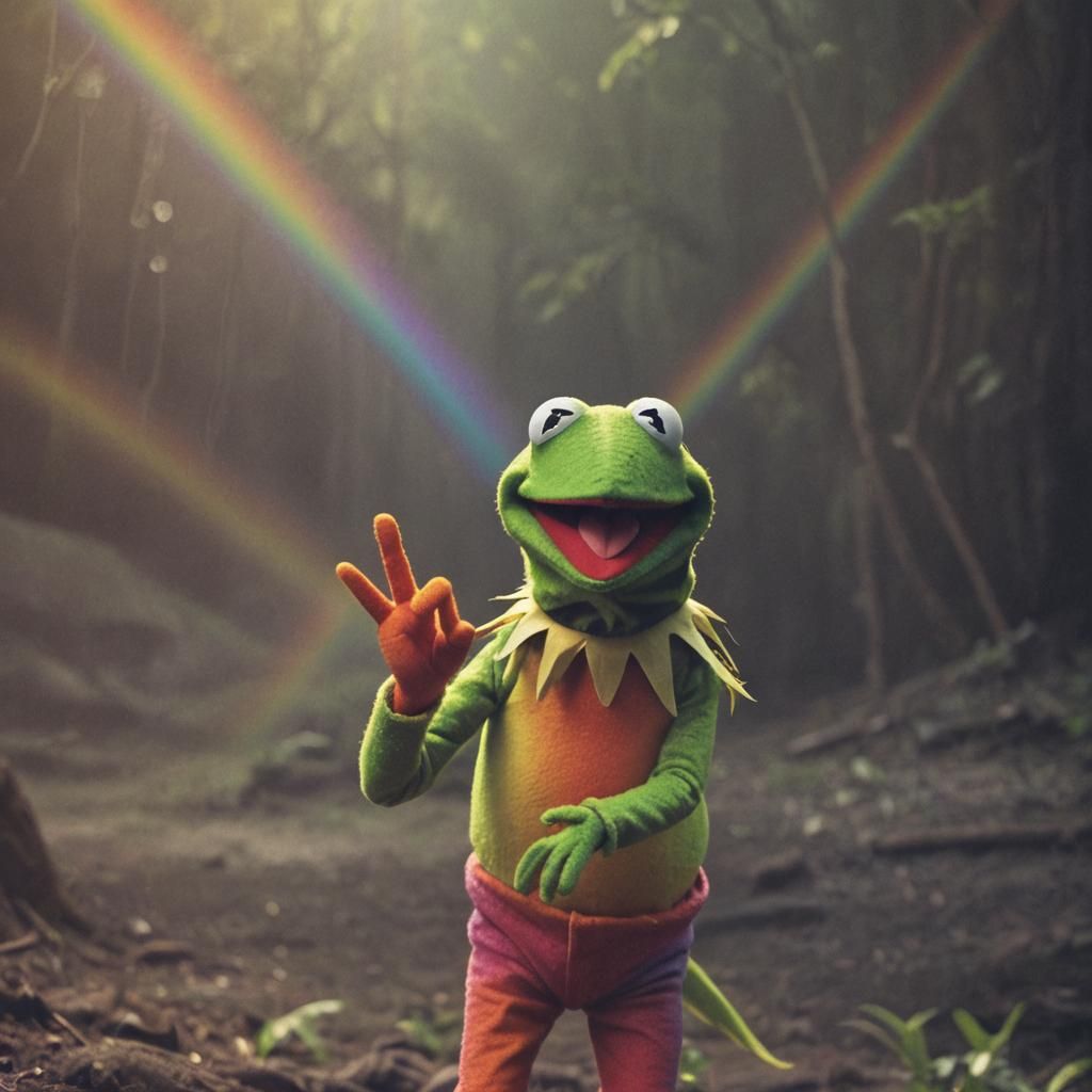 Rainbow Kermit the Frog Giving Peace Sign