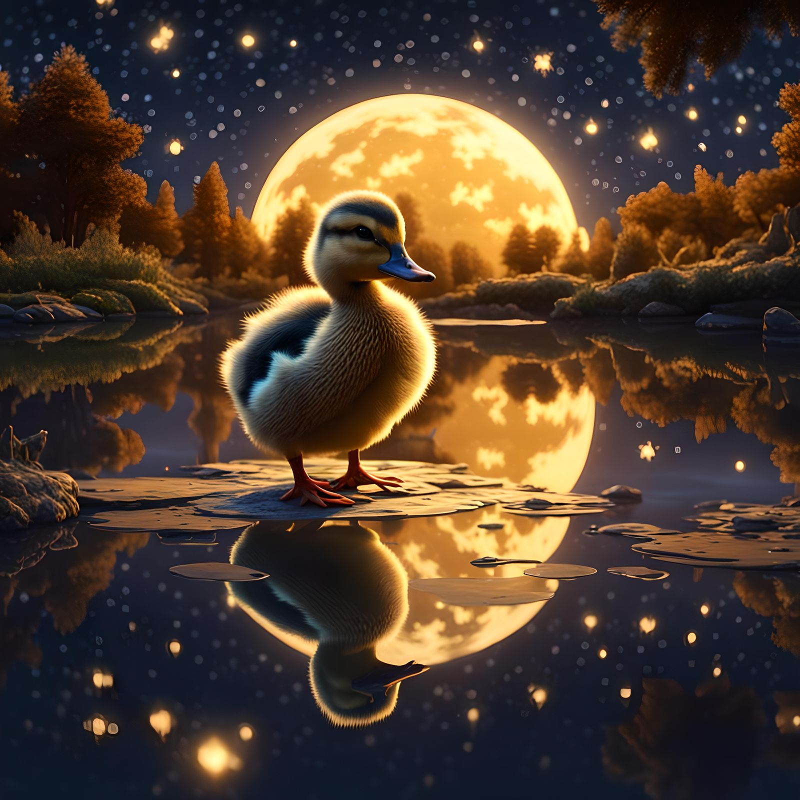 Duckling's Starry Reflection: Fantasy Concept Art