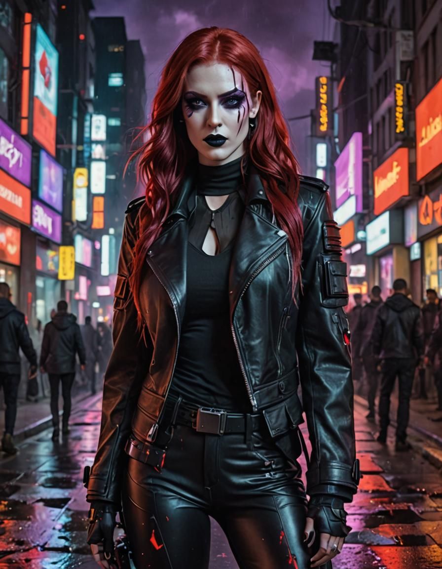 Neon Cyberpunk Portrait: Woman in Mourning Clothes