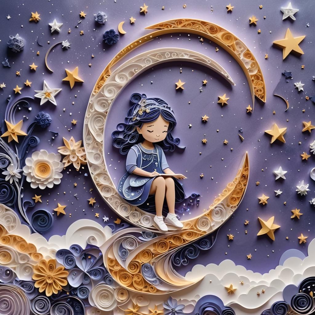 An illustrated cute little girl sitting on the half-moon with super bright halo on top of her head.