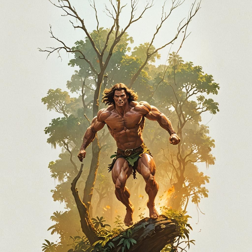 Tarzan Swinging Through Jungle in Frazetta Style