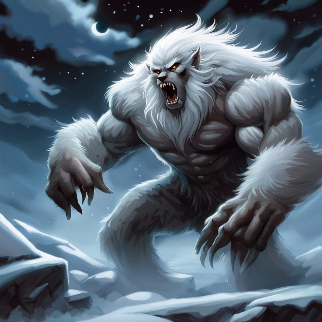 Silver Werewolf Howling at Moon on Snowy Plains