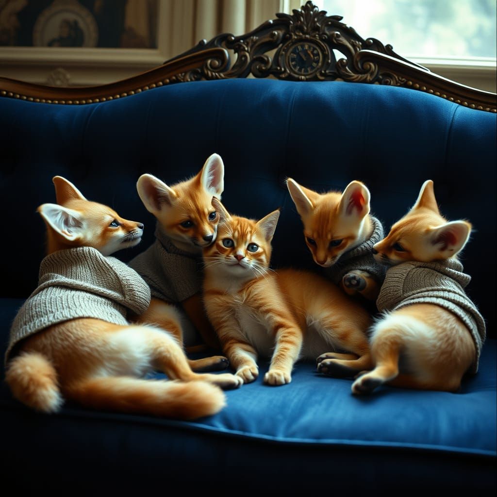 Playful Fennec Fox Puppies Teasing Ginger Cat