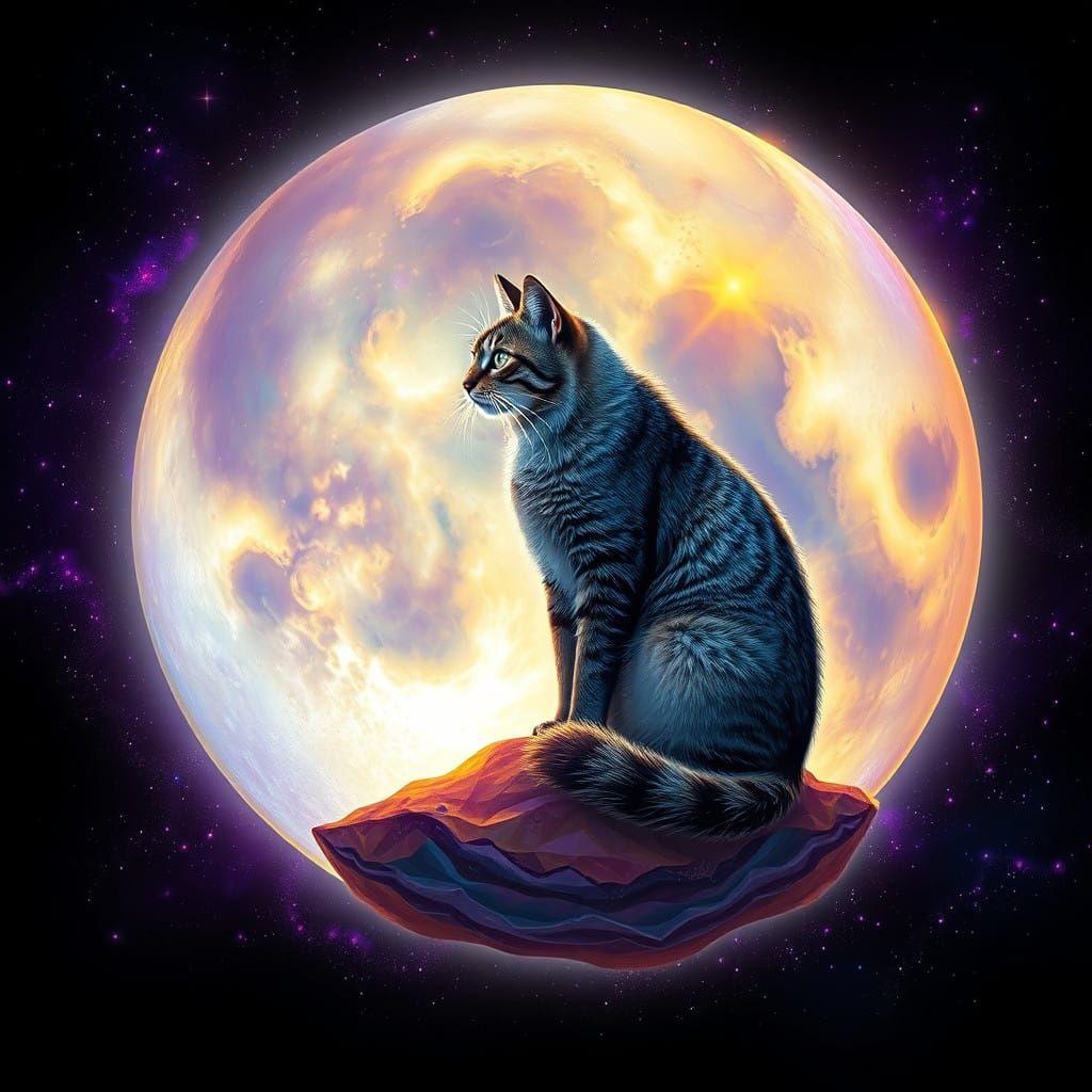 Majestic Cat Basks in Iridescent Moonlight