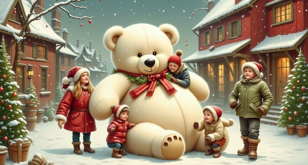 Whimsical Winter Wonderland with Giant Fluffy Teddy Bear