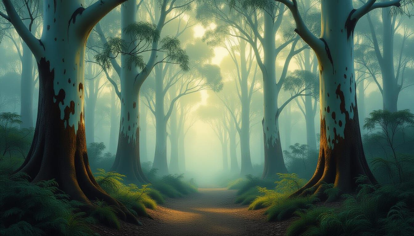 Ethereal Foggy Australian Gum Tree Forest Landscape