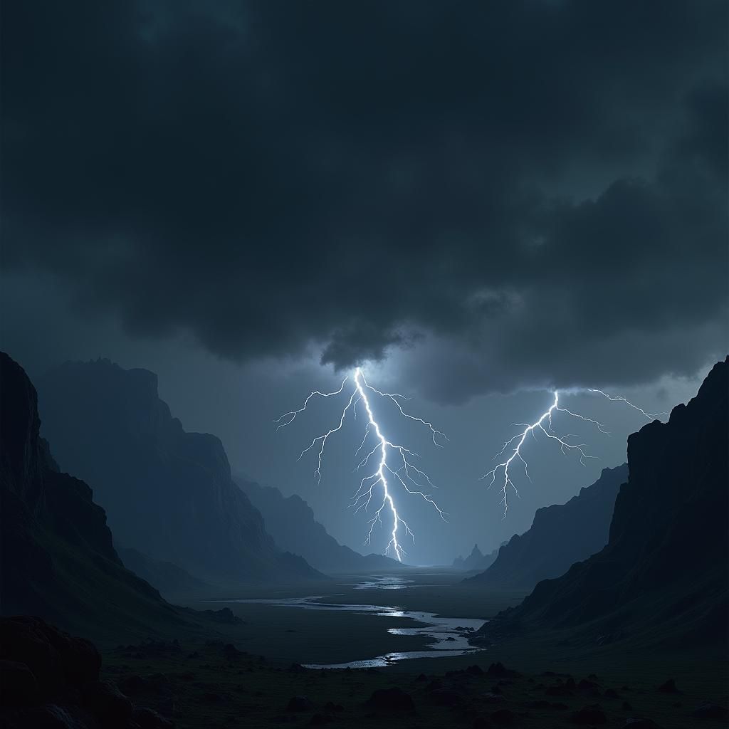 Ominous Sky: Lightning Over Mystical Mountains