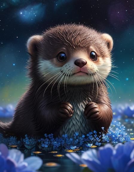 Fluffy Fantasy Otter in Flower Rain as Oil Painting