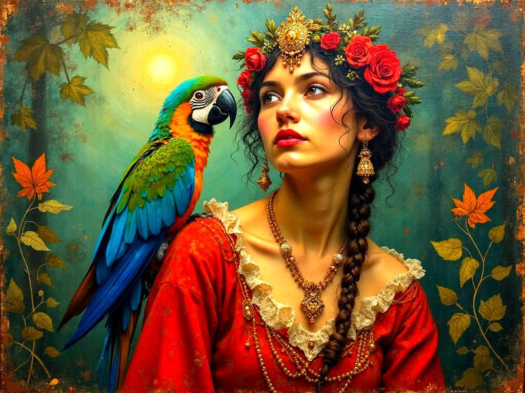 Roma Woman with Parrot: Expressionist Oil Painting