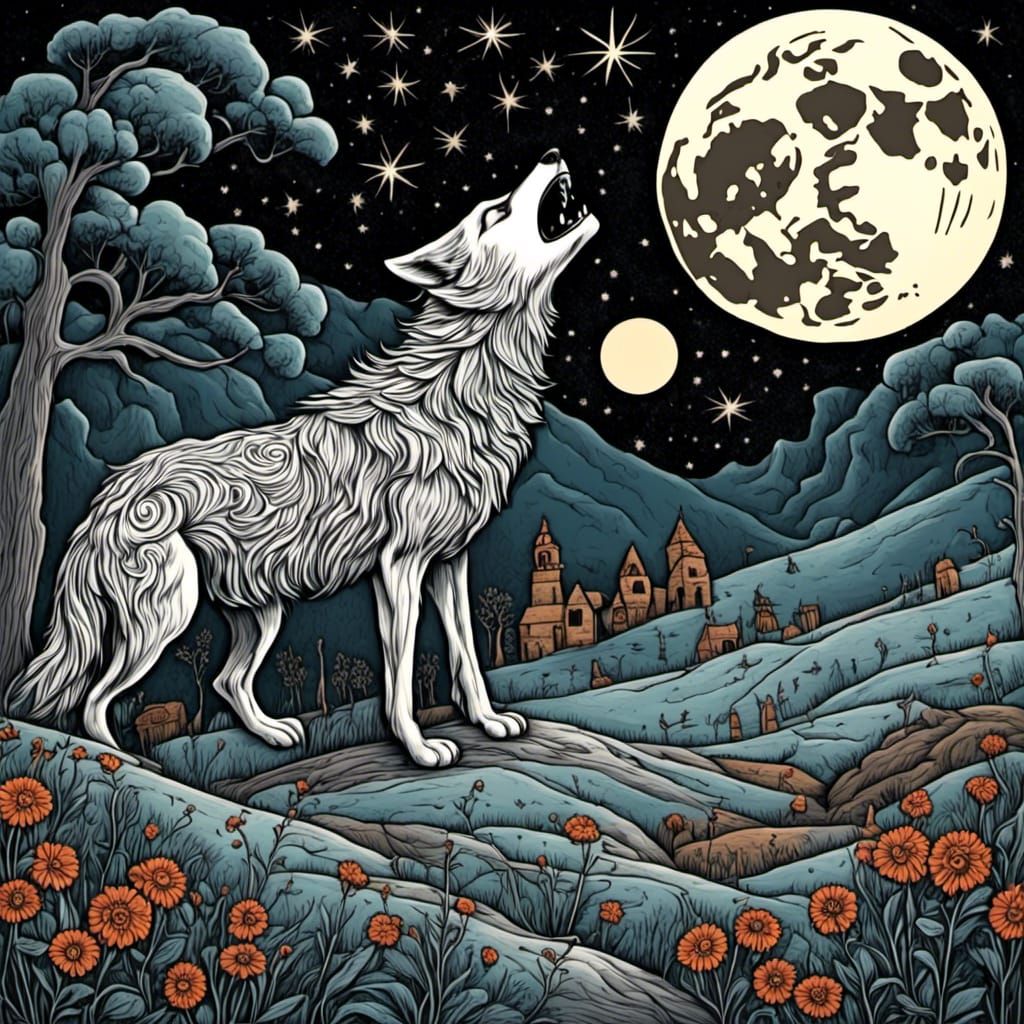 Wolf Howling at Moon in Digital Art Style