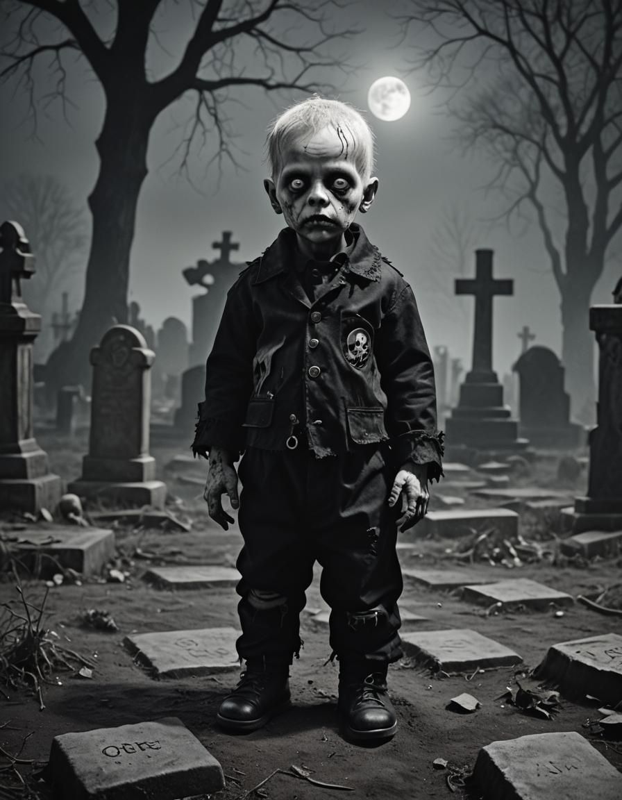 Goth Zombie Baby in Graveyard: Black and White Photography