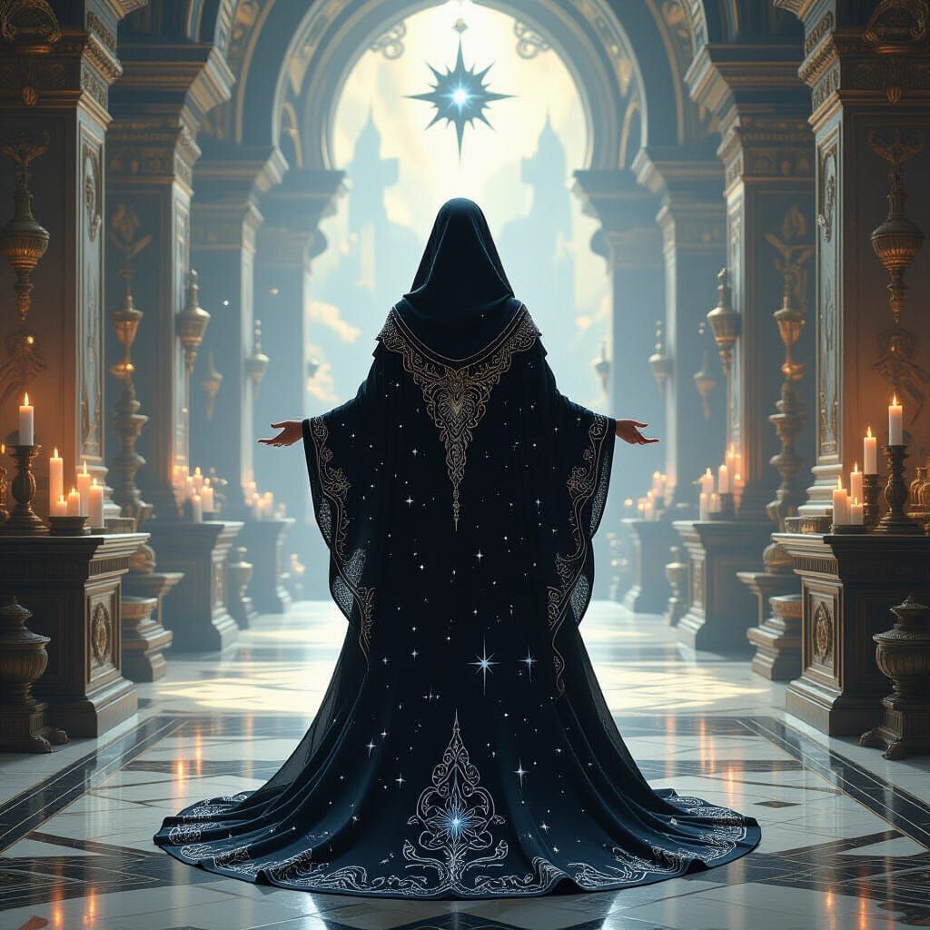 Mystical Priestess in Starry Temple, Oil Painting