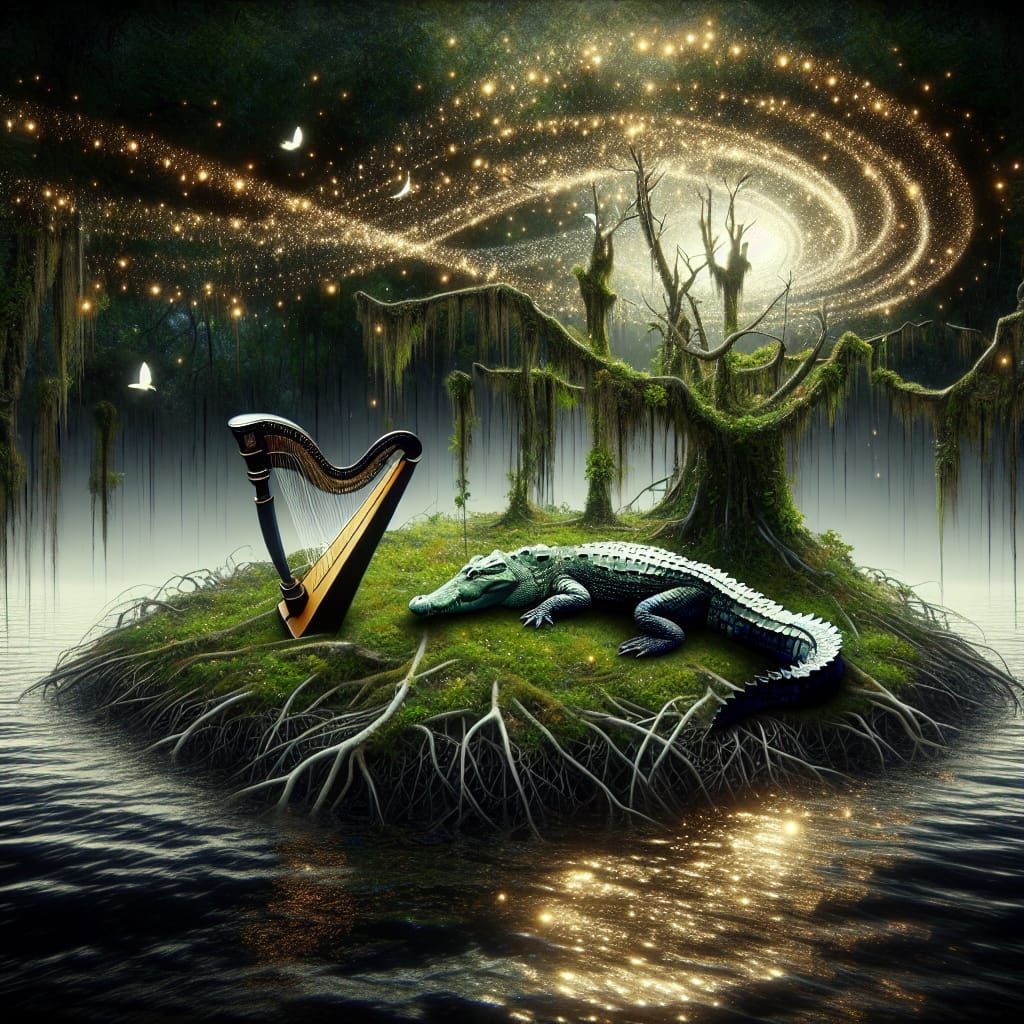 Crocodile Lounging with Harp in Mystical Swamp