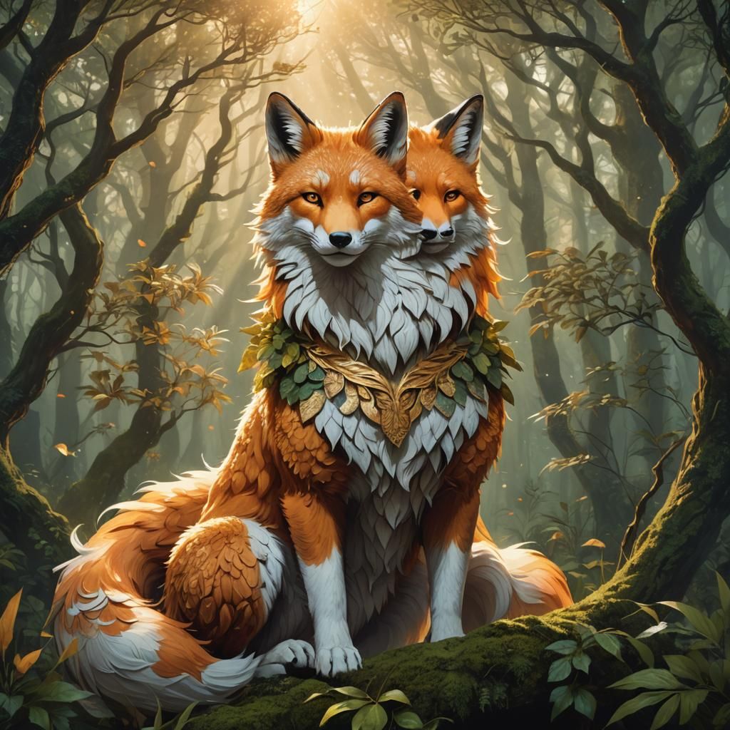Kitsune in Mystical Forest Fantasy Illustration