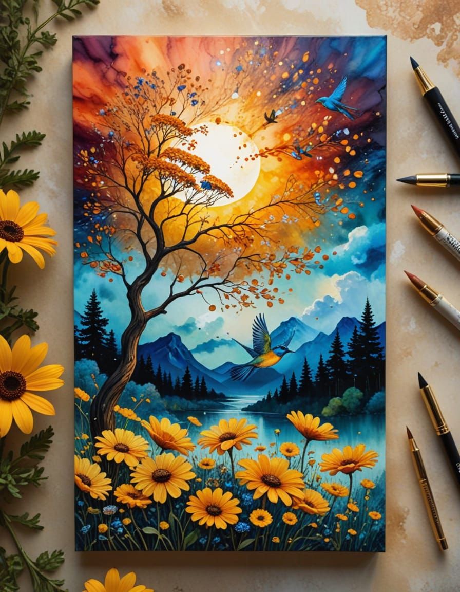 Circular Alcohol Ink Art with Clouds, Daisies, and Blue Bird