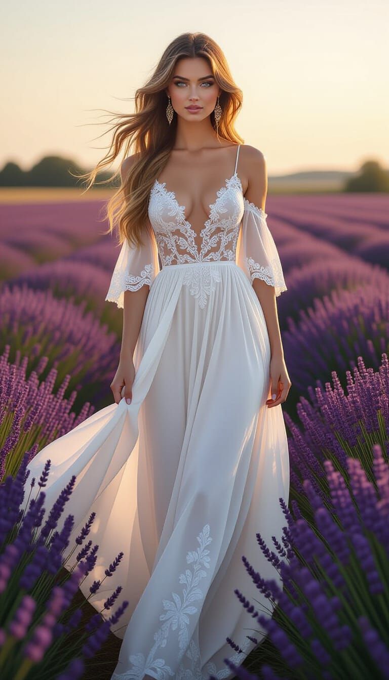 Woman in Lavender Field at Dawn, Elegant Art Nouveau Style
