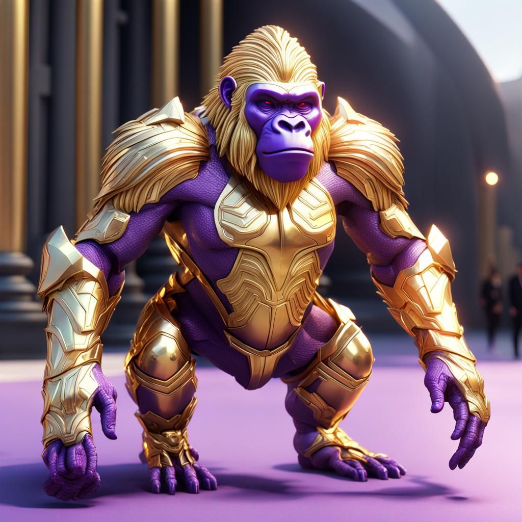 Golden Armored Gorilla with Purple Rays in 8K
