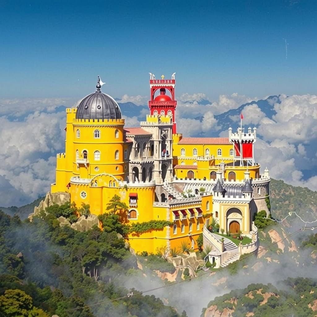 Whimsical Castle of Pena in Colored Charcoal