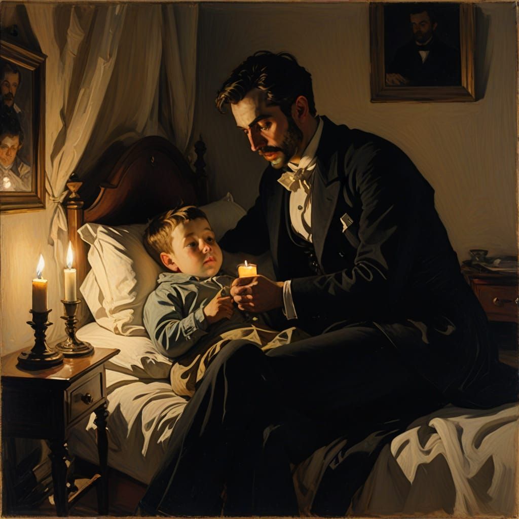 Style of John Singer Sargent, candlelight, a man tucking his young son into bed