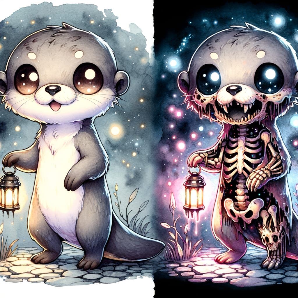 Undead Chibi Otter with Lantern in Watercolor Style