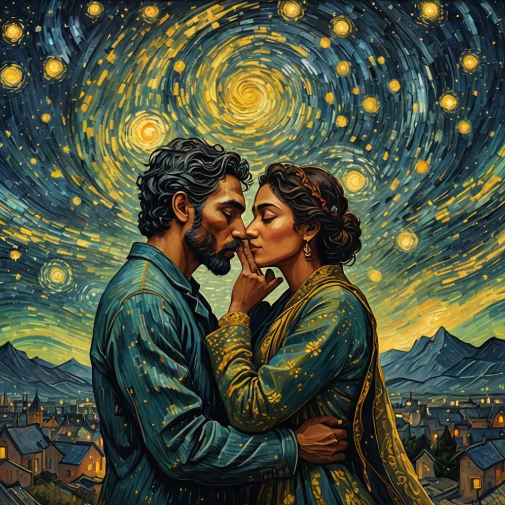 Indian Couple Kissing Under Starry Night Sky