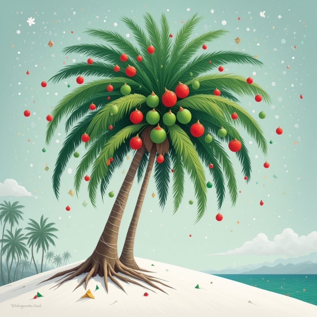 Festive Coconut Tree in Snowy Landscape