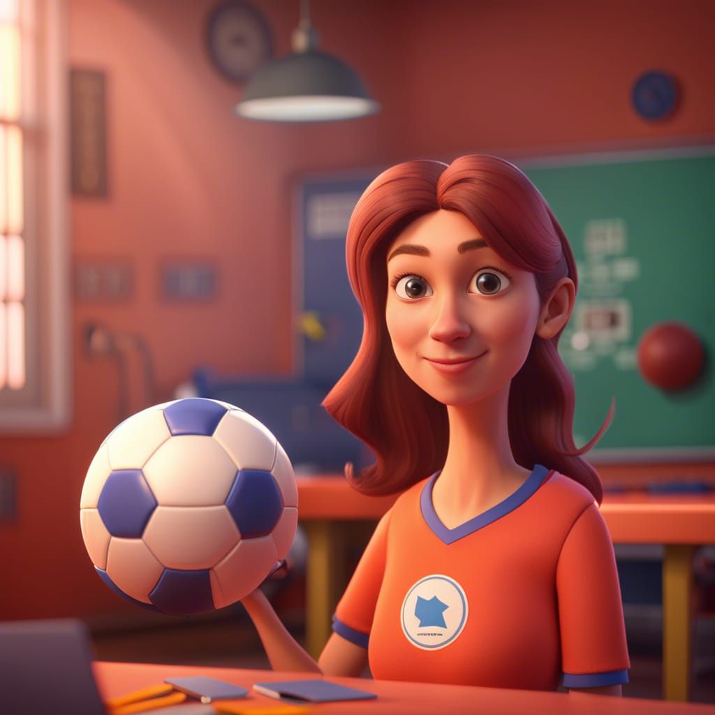 Monika as Soccer Mom in Classroom: Pixar-Style Art