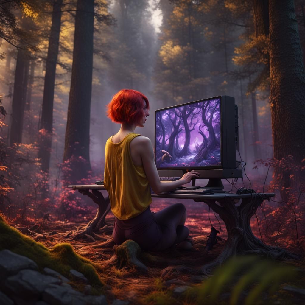 Woman Gaming in Forest: A Dark Fantasy Digital Art
