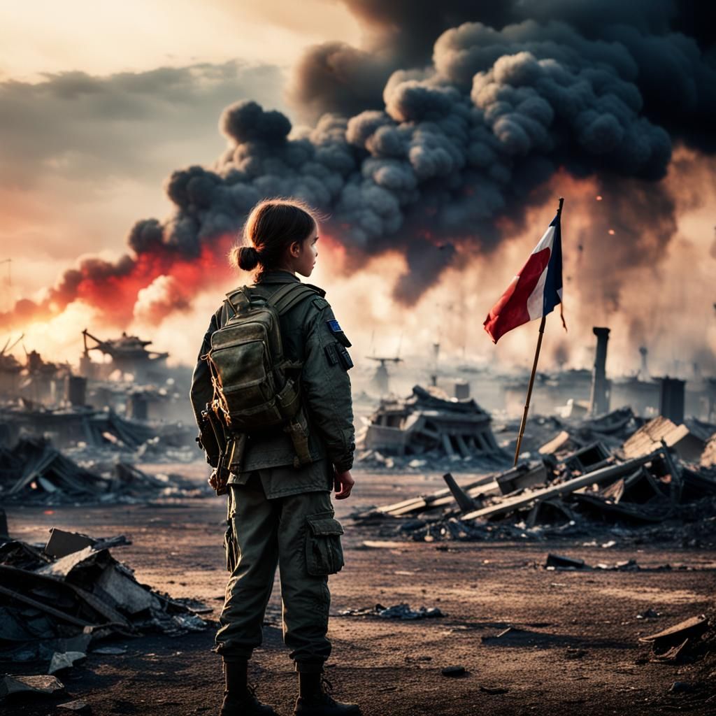 War-Torn Battlefield at Dusk with Girl Holding Flag