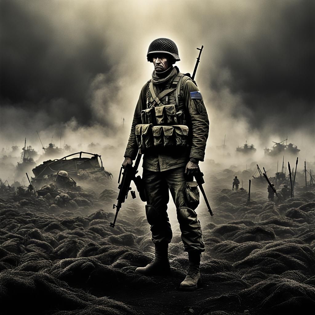 War-Torn Soldier in Fog: Dramatic Panoramic Composition