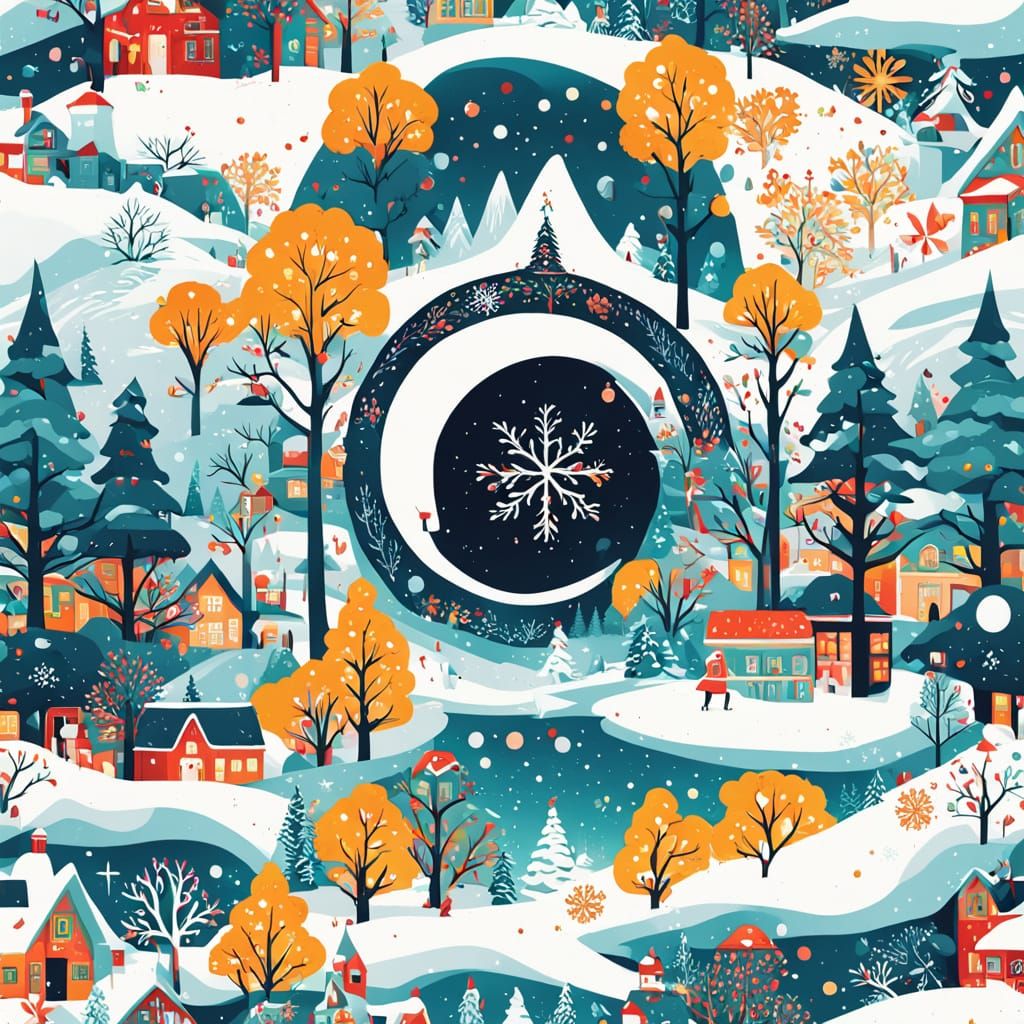 Yin Yang Symbol with Surreal Christmas Village Scenes