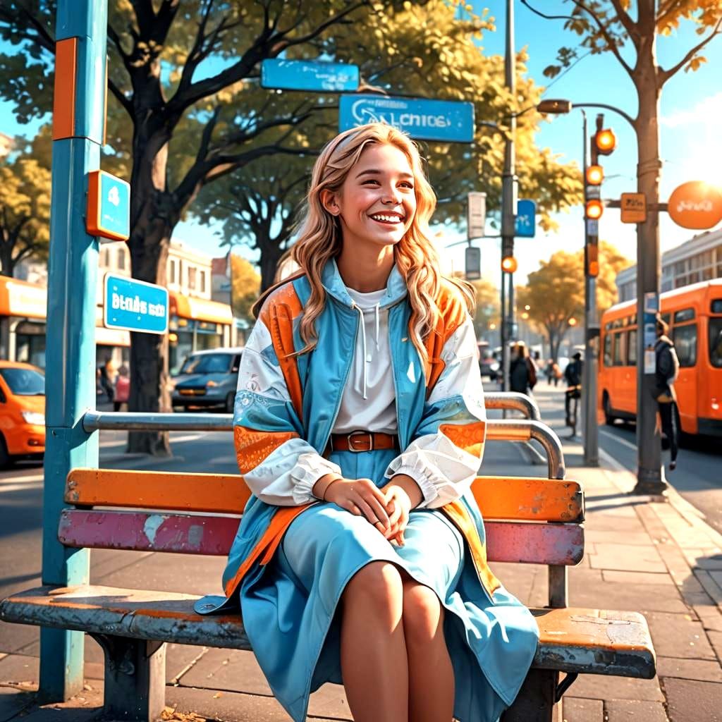 Colorful Figure Waiting at Bus Stop: Matte Painting