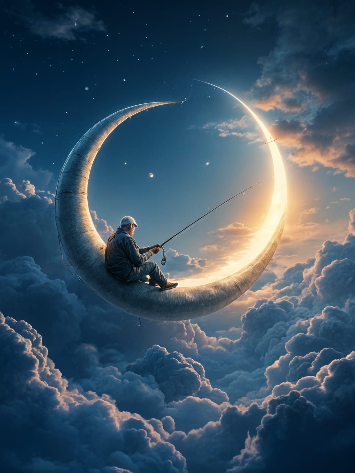 Old Man Fishing on the Moon: Dreamy Tranquility