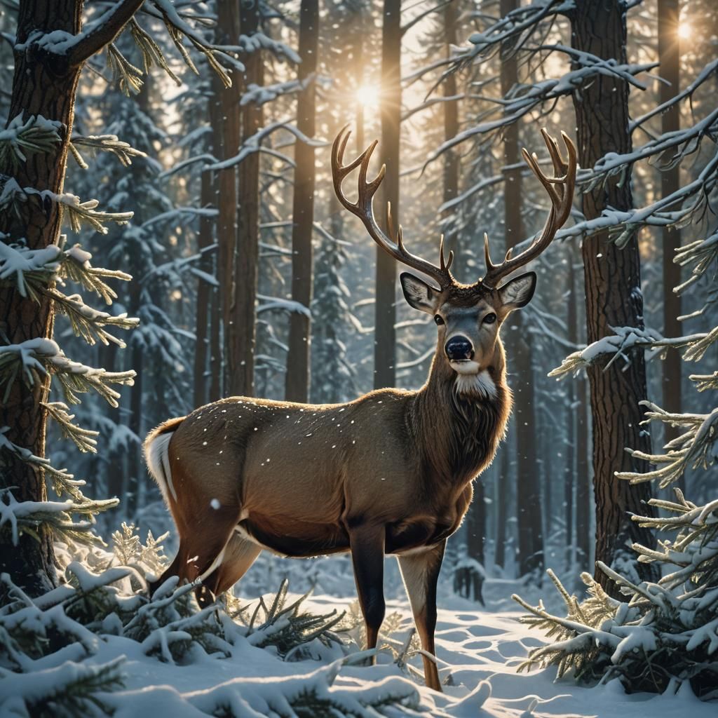 Buck in Winter Forest: Whimsical Watercolour Painting