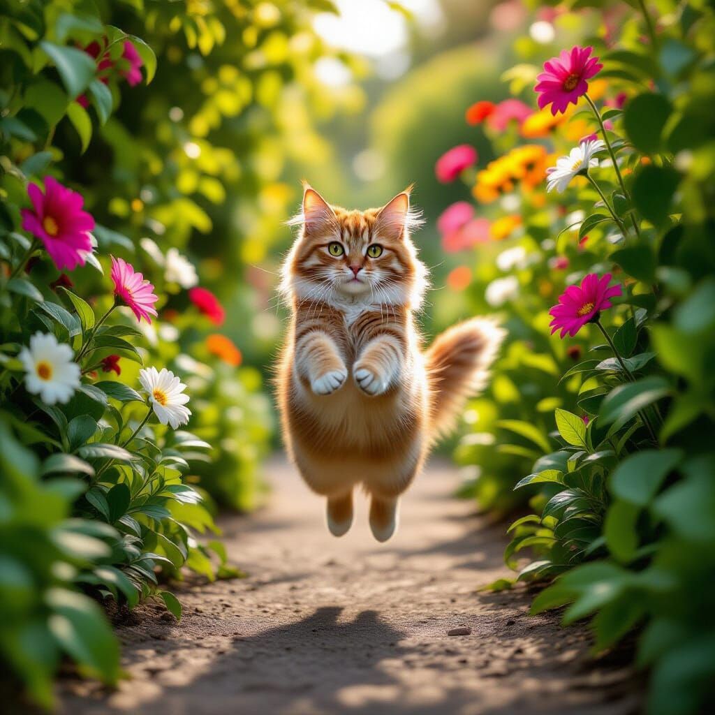 Ginger Cat Leaping Through Vibrant Garden Path