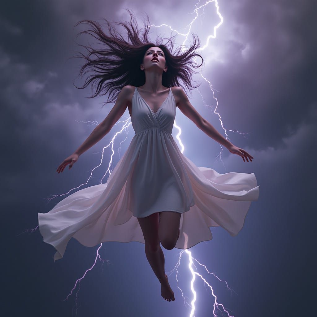 Surreal Woman Defies Gravity in a Turbulent Electric Storm