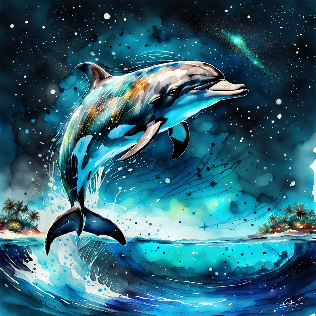 Watercolor Dolphin Under Starry Night Sky