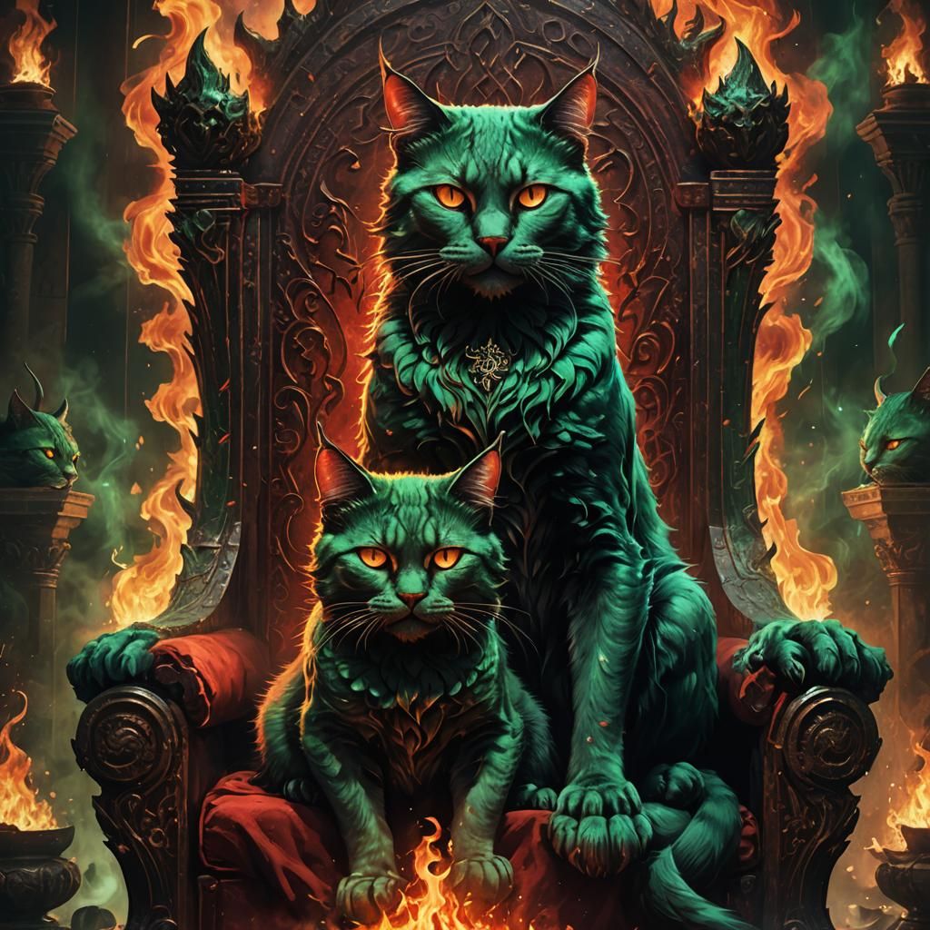 Three-Headed Devil Cat on Throne: Dark Fantasy Art