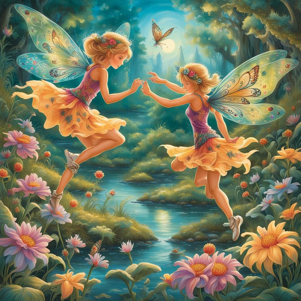 Fairies with Tattoo Wings Dancing in Glade