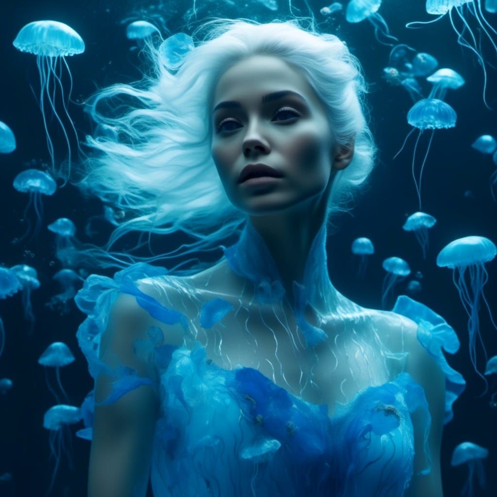 Underwater Woman Surrounded by Bioluminescent Jellyfish