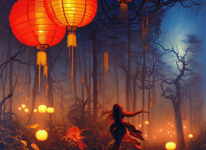 Path to Afterlife with Chinese Lanterns: Detailed Painting