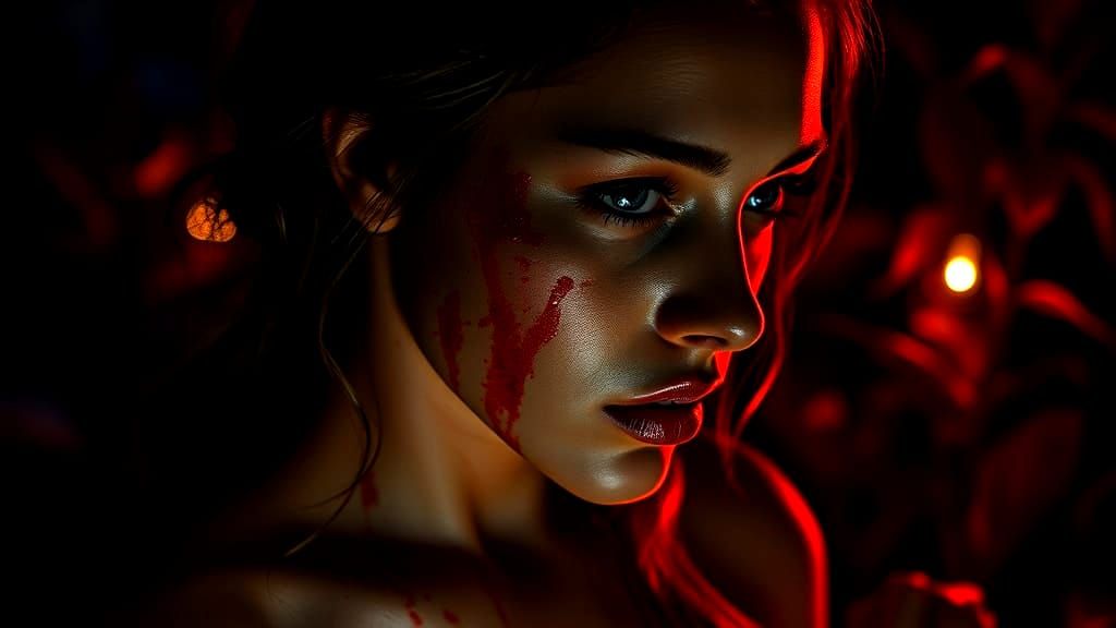 Ethereal Mystic Goddess with Blood-Soaked Skin in a Dark Gar...