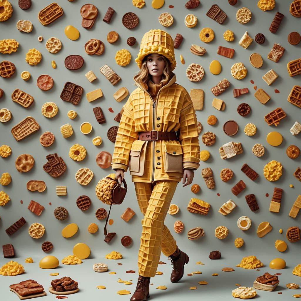 Breakfast Food Outfit on Runway: Cinematic Still