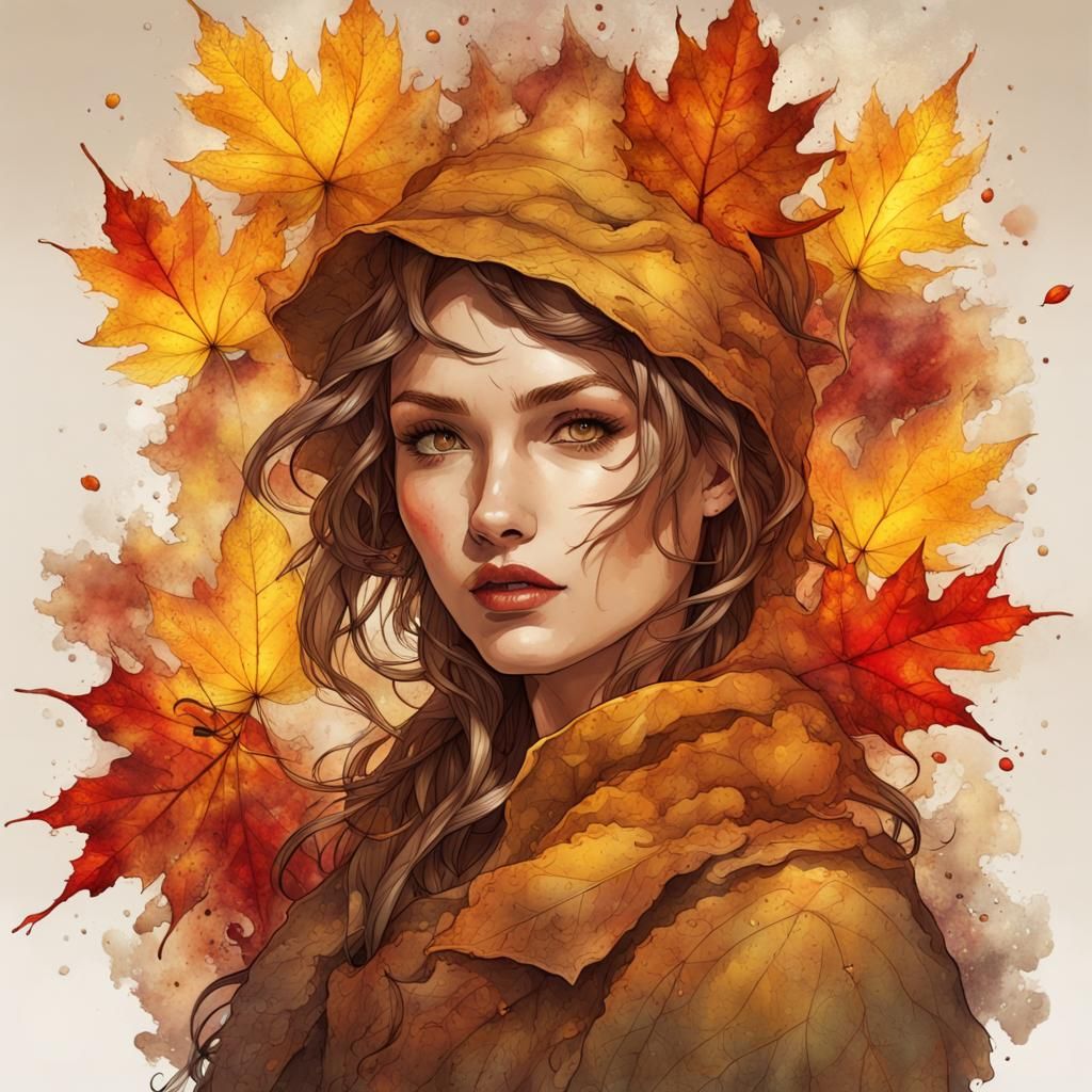 Autumn Lady Portrait in Ink Splash Art Style