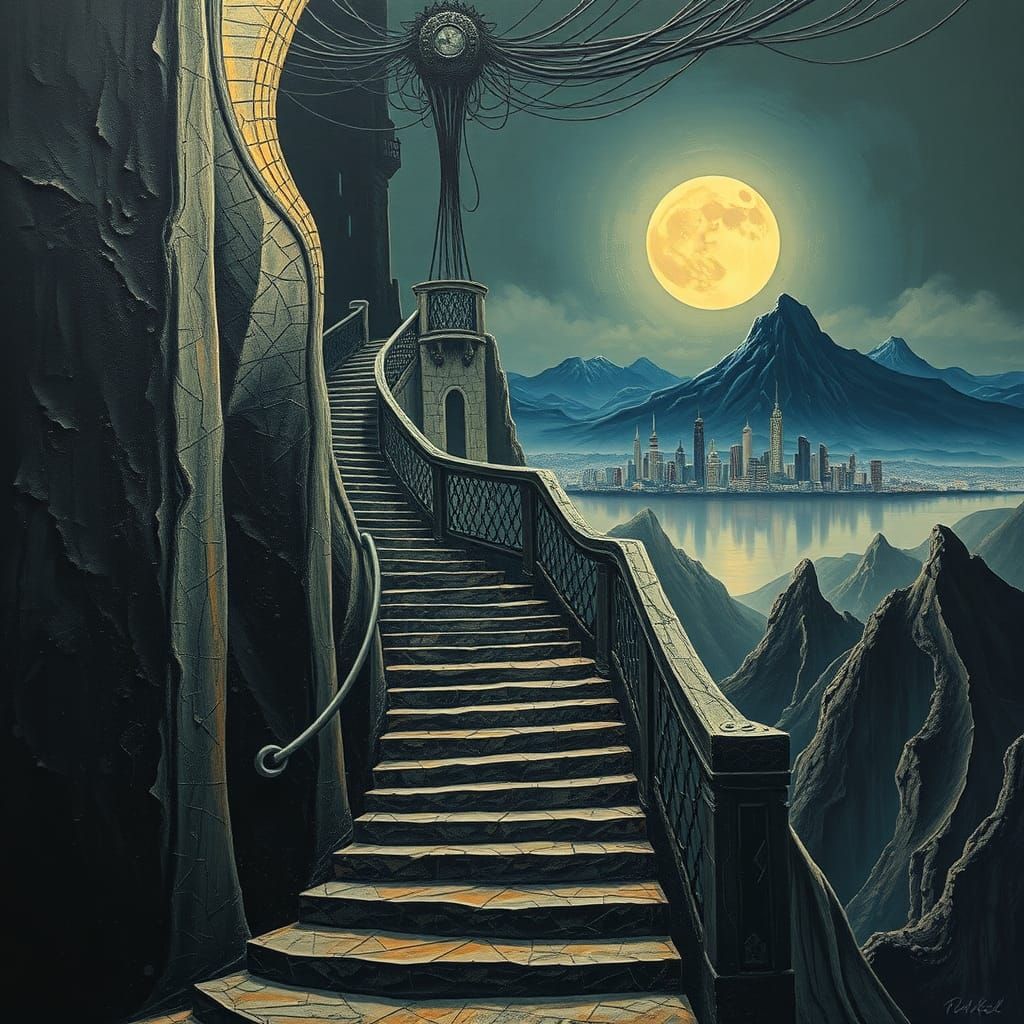 Surreal Staircase to Dystopian City in Impasto Style
