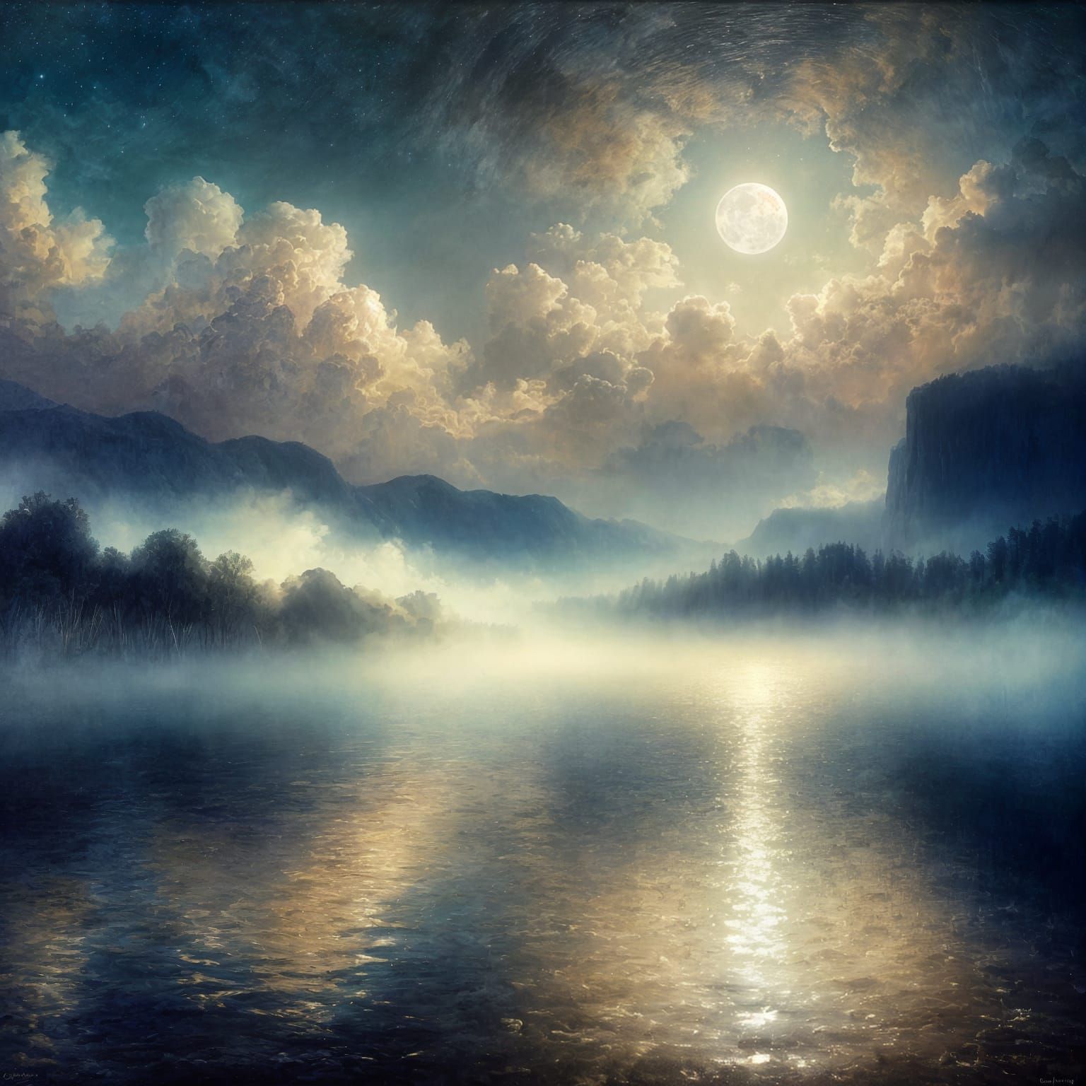 Mystical Moonlit Lake in Romantic Oil Painting Style