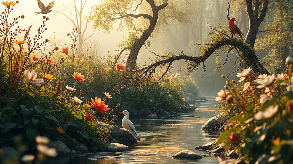 Dreamlike Riverbank Scene in Illustrative Style