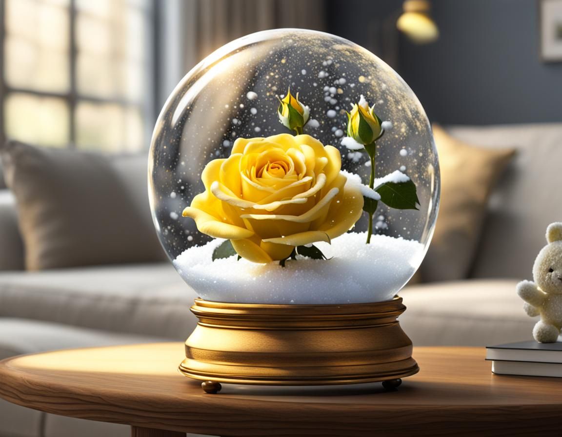 Yellow Rose Snow Globe in Sunlight, HDR 8K